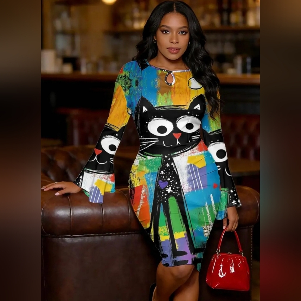 Colorful Cat Print Bodycon Dress